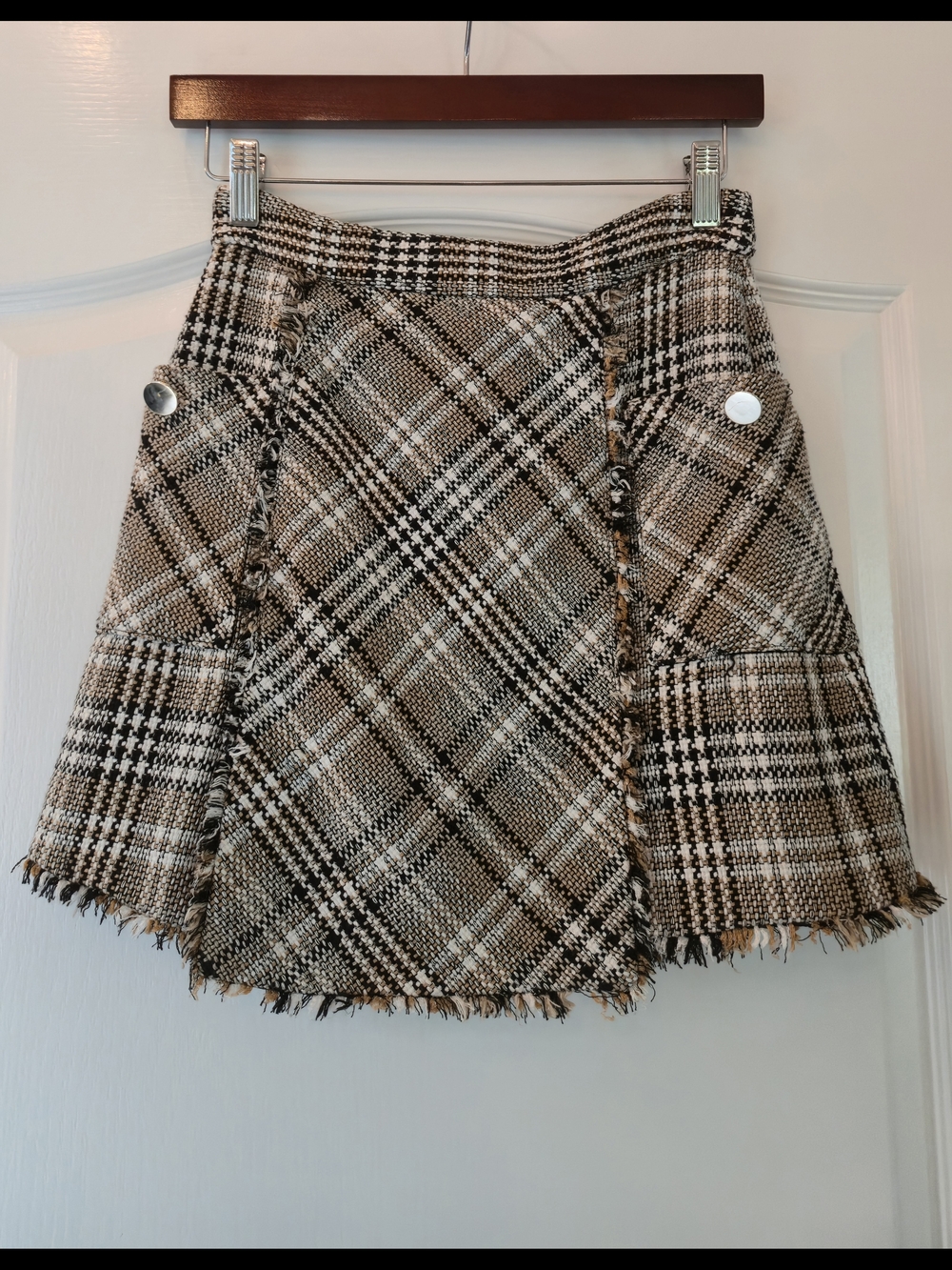 Plaid Fringe A-Line Mini Skirt in Black & Tan